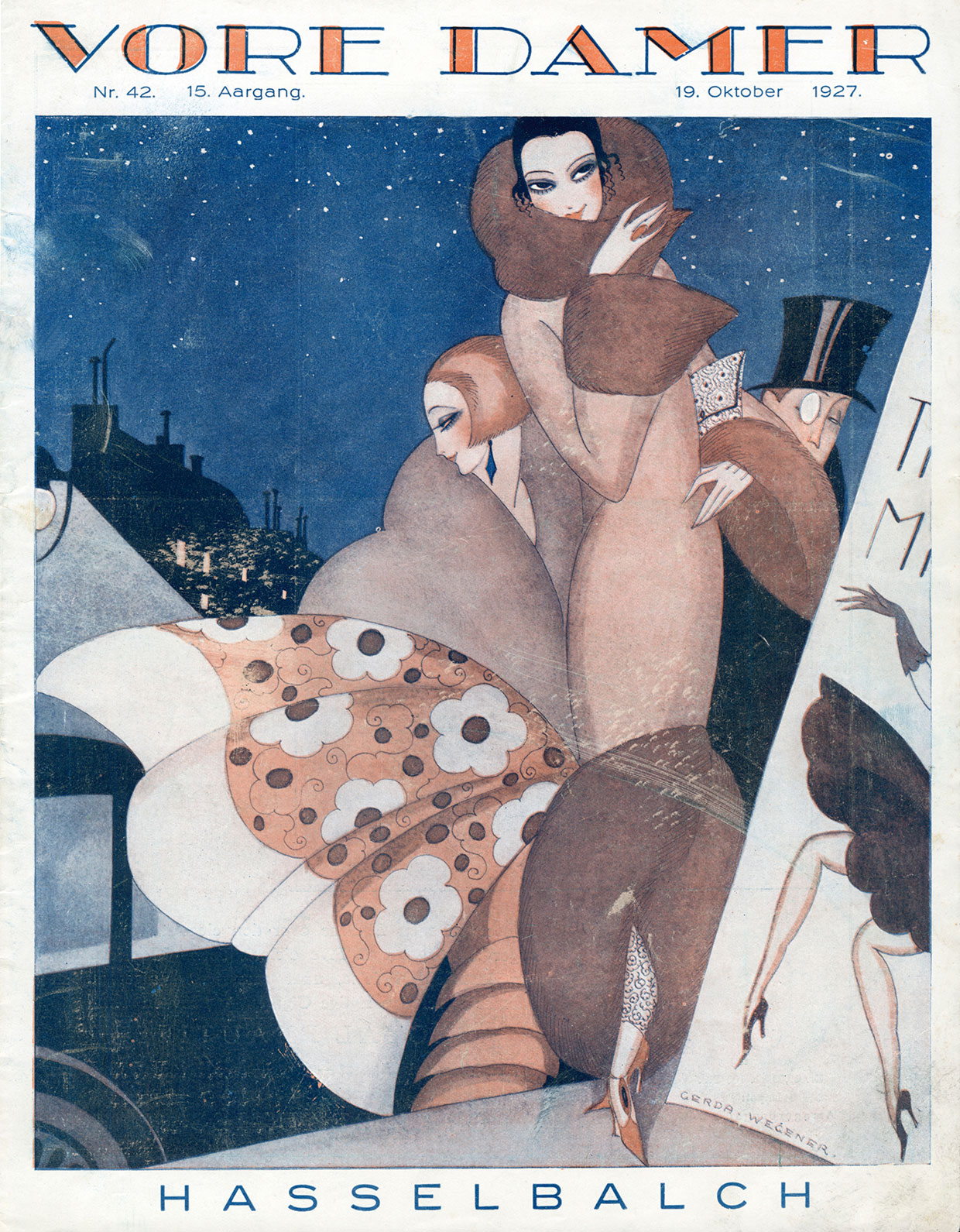 Front page illustration by Gerda Wegener for the Danish magazine ”Vore Damer”, 19 October, 1927